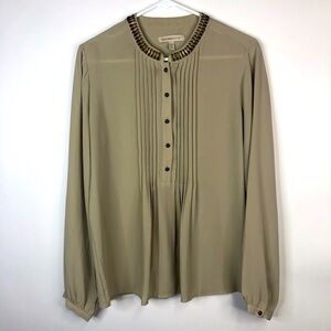 Banana Republic Heritage tan blouse long sleeve bead detail pleats pullover M